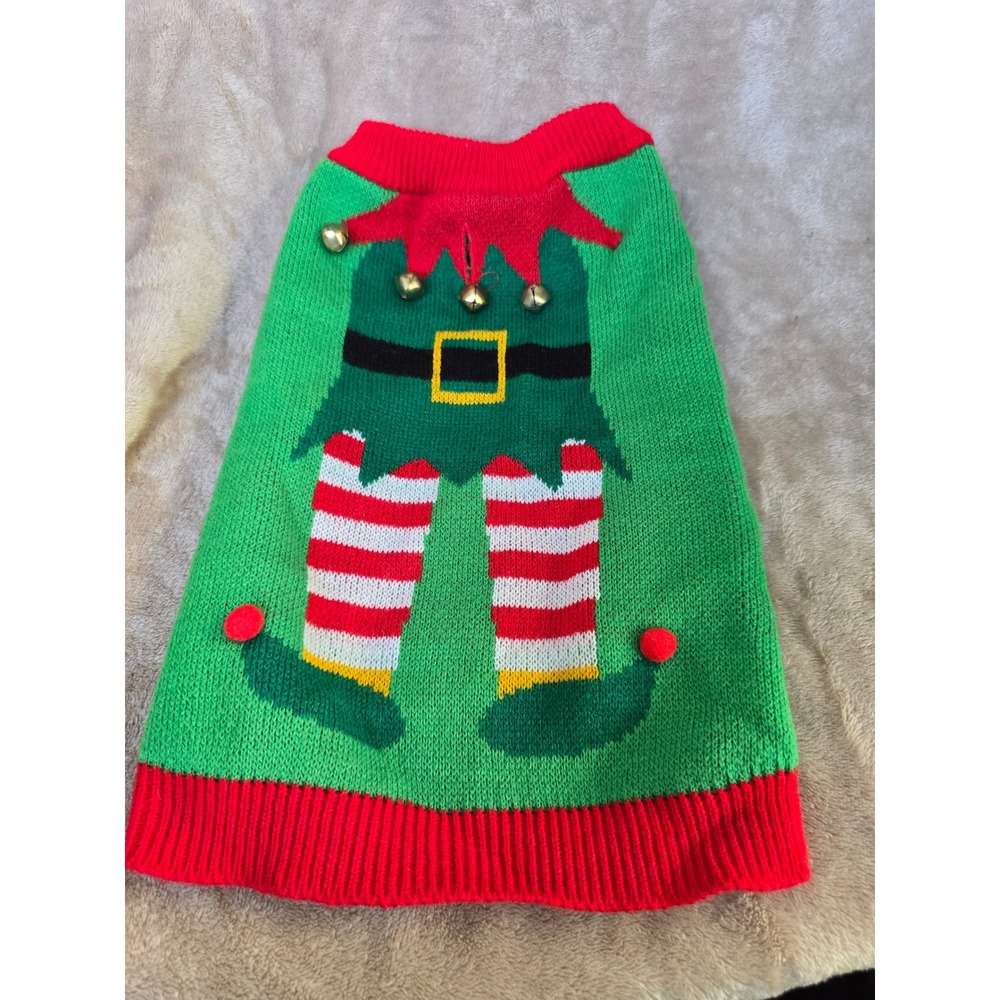 Pet Holiday Collection Elf Dog Sweater Green Red Christmas Jingle Bells Medium